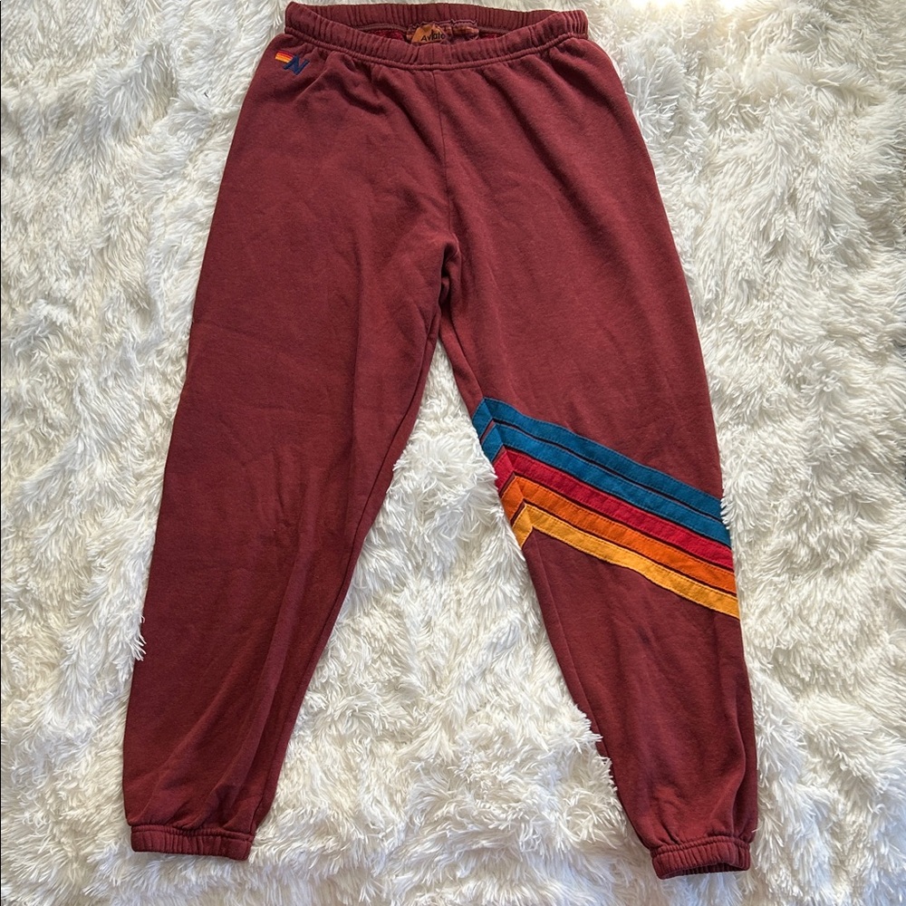 Aviator Nation Burgundy Joggers with Colorful Stripes